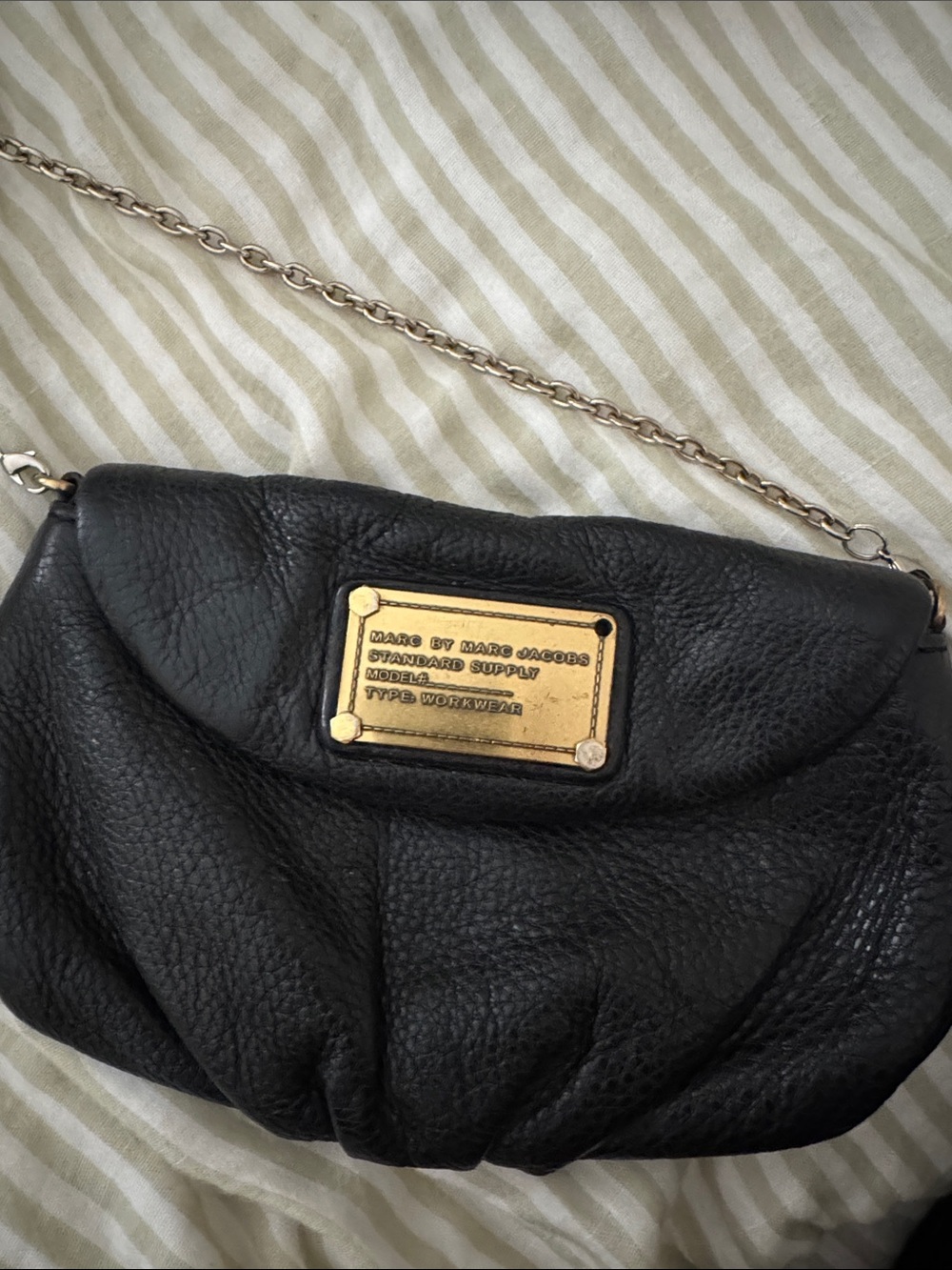 Marc By Marc Jacobs Black Leather Crossbody with Gold Plaque and Chain Strap